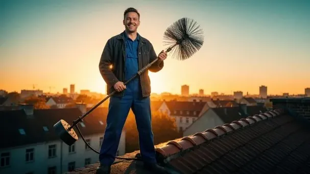 Chimney sweep on a rooftop at sunset