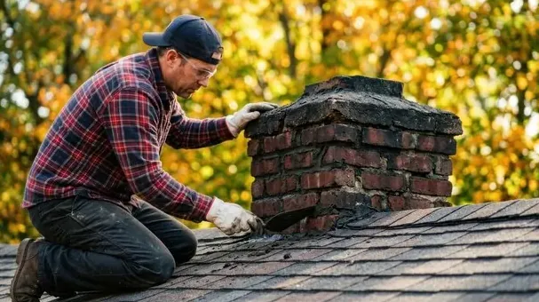 Mason repairing the cracked top of a brick chimney on a Concord roof